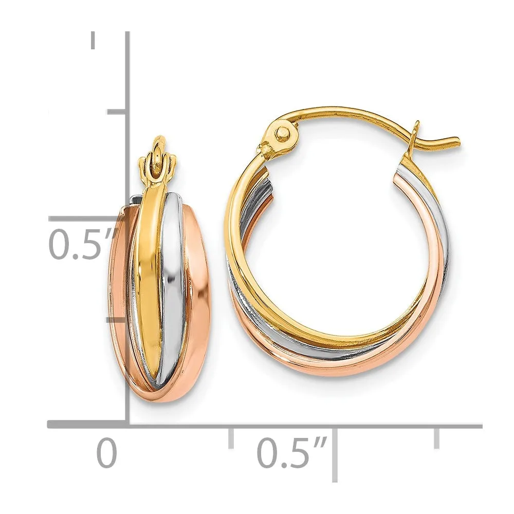 10KT Gold Tri-Color 14MM Hinged Hoop Earrings