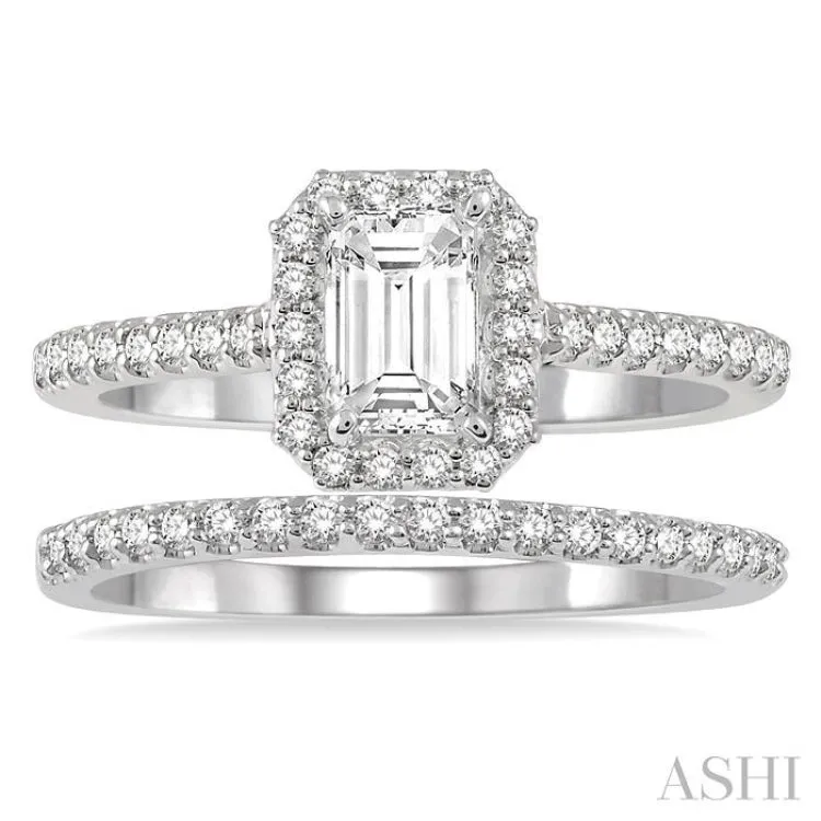 1/2 Ctw Diamond Wedding Set With 3/8 Ctw Octagon Shape Emerald Cut Center Engagement Ring and 1/10 Ctw Wedding Band in 14K White Gold