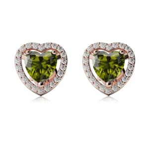 14k Rose Gold Plated 1 Ct Created Halo Heart Peridot Stud Earrings