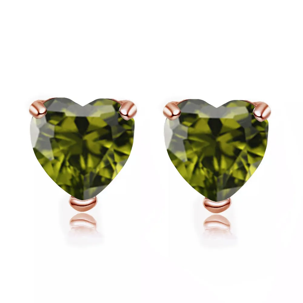 14k Rose Gold Plated 3 Carat Heart Created Peridot Stud Earrings