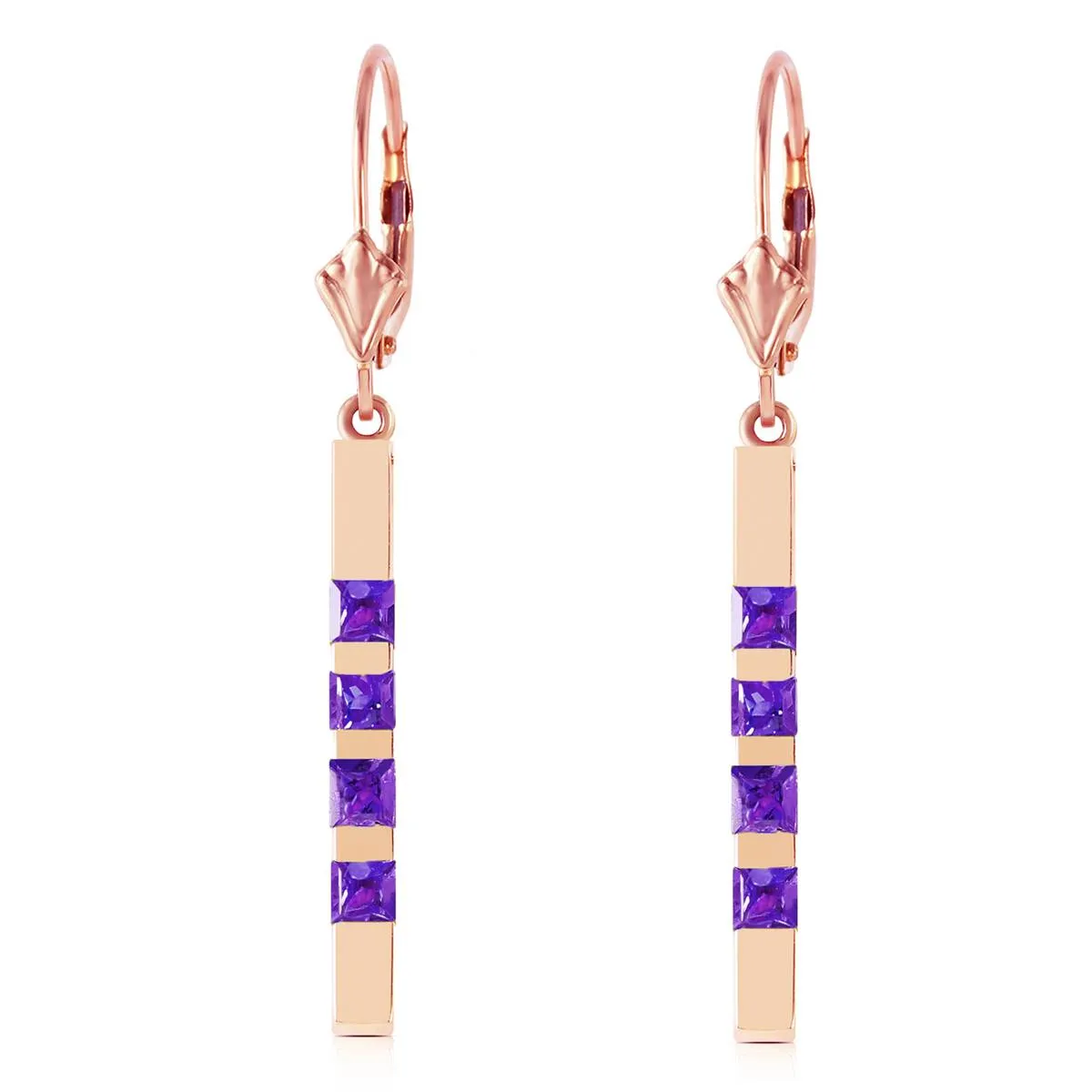 14K Solid Rose Gold Leverback Earrings Bar w/ Natural Amethysts