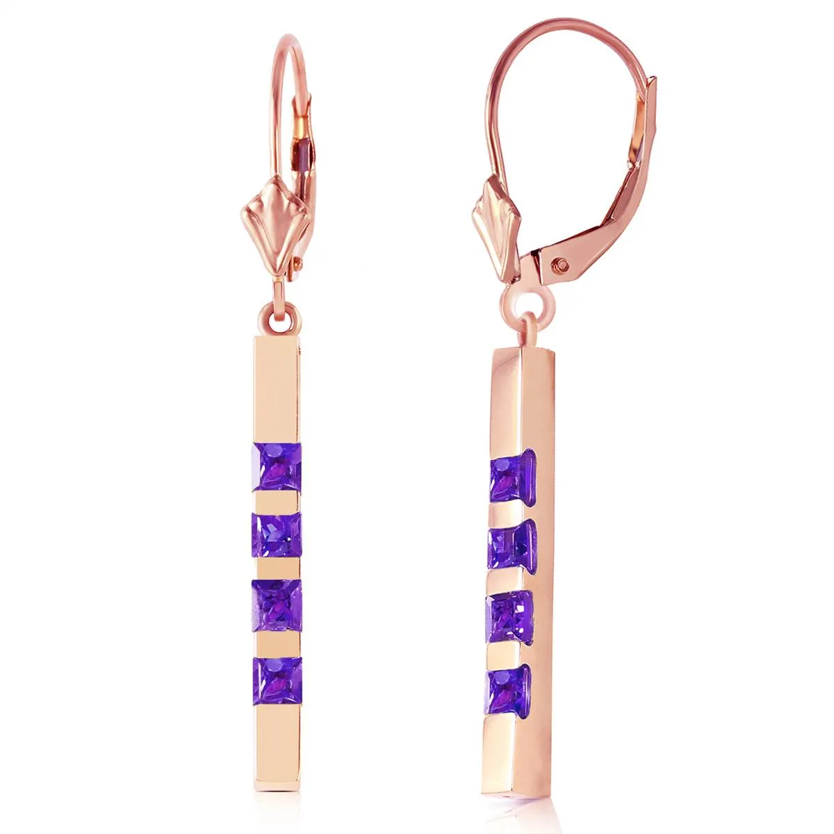 14K Solid Rose Gold Leverback Earrings Bar w/ Natural Amethysts