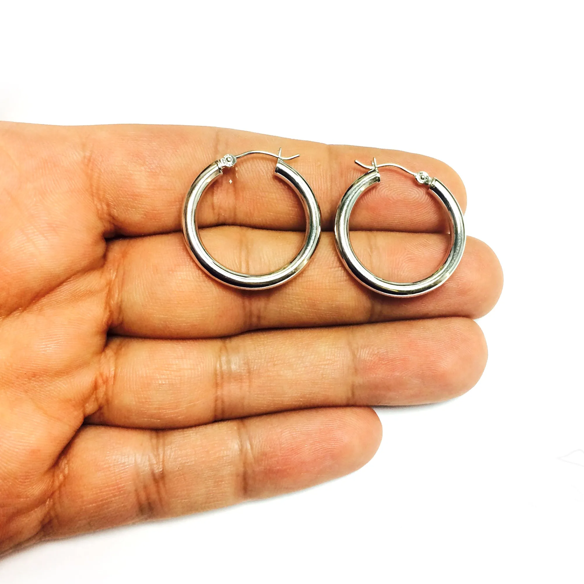 14K White Gold 3MM Shiny Round Tube Hoop Earrings