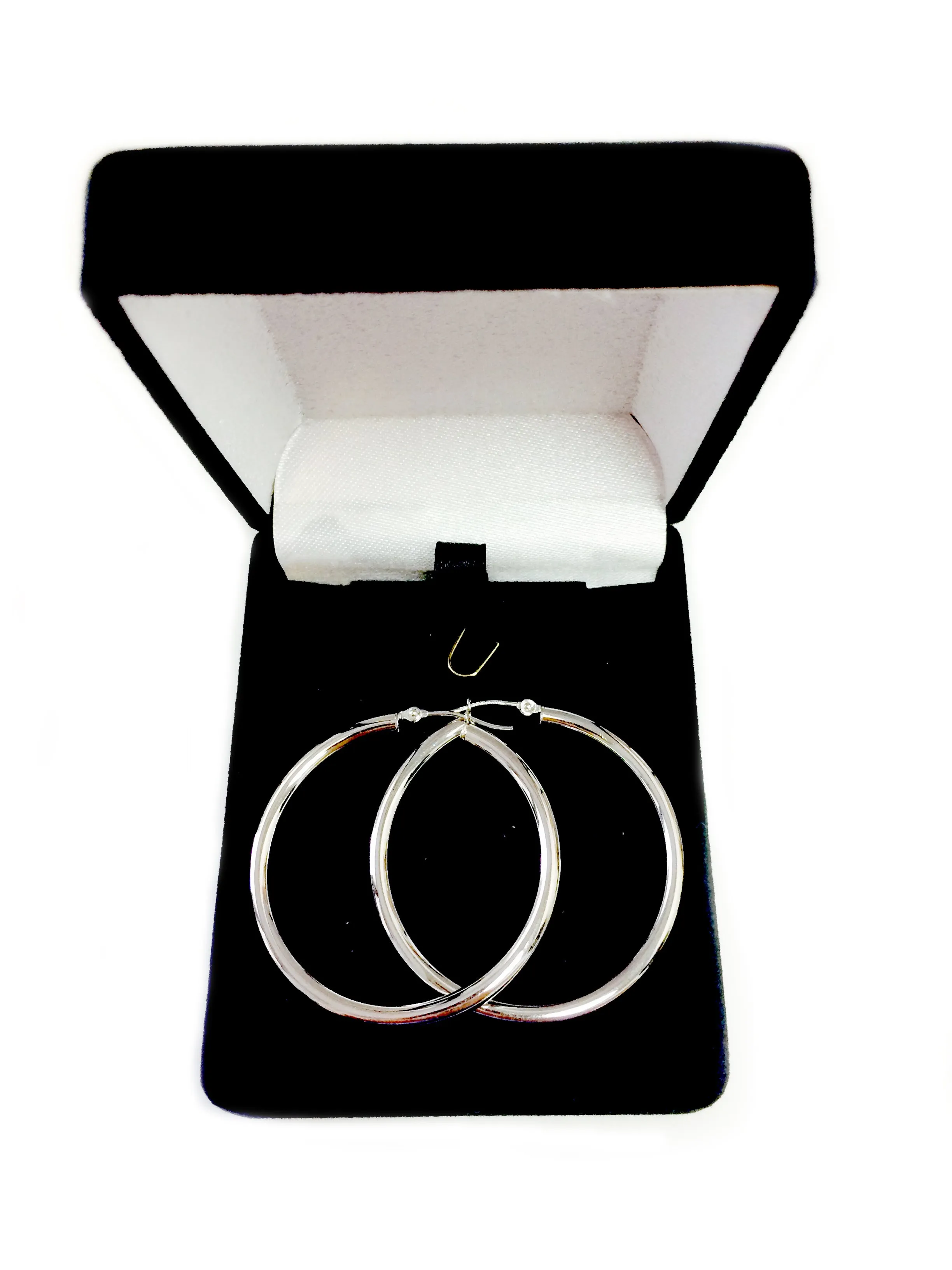 14K White Gold 3MM Shiny Round Tube Hoop Earrings