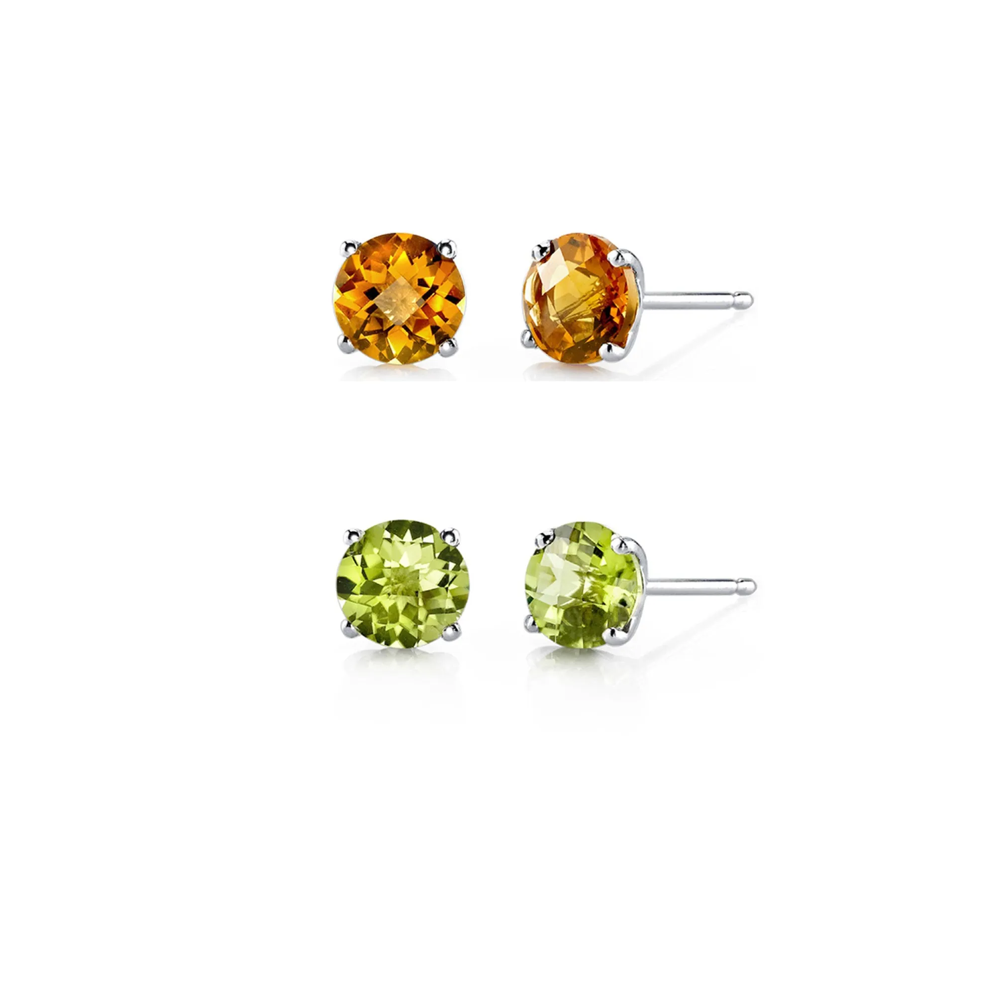 14k White Gold Plated 1Ct Created Citrine and Peridot 2 Pair Round Stud Earrings