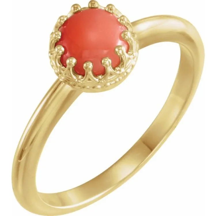 14K Yellow 6 mm Natural Pink Coral Crown Cabochon Ring