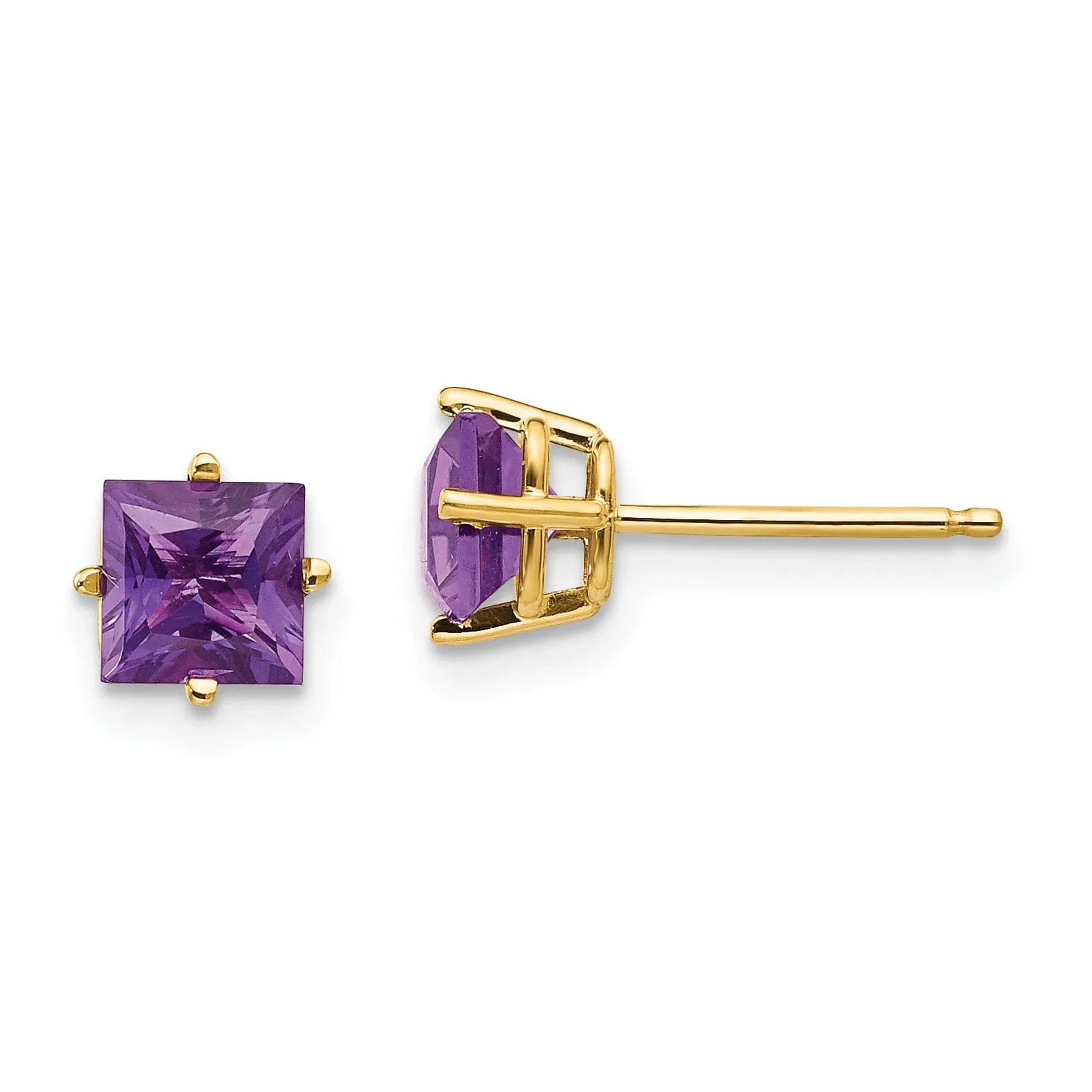 14k Yellow Gold 5MM Princess Cut Amethyst Earring