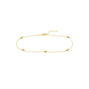 14K Yellow Gold D/C and Mini Polished Bead Adjustable Anklet