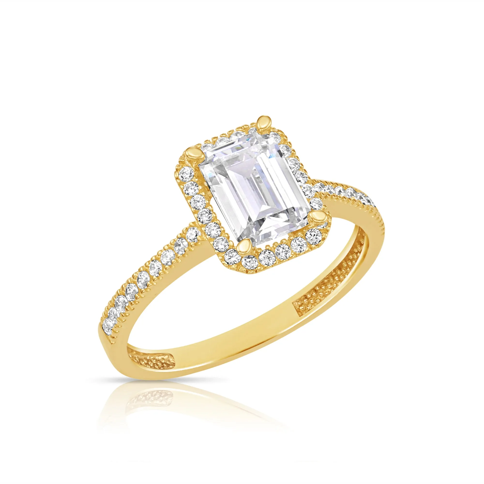 14K Yellow Gold Emerald-Cut Halo Engagement Ring With Side Stones, By TILO Jewelry