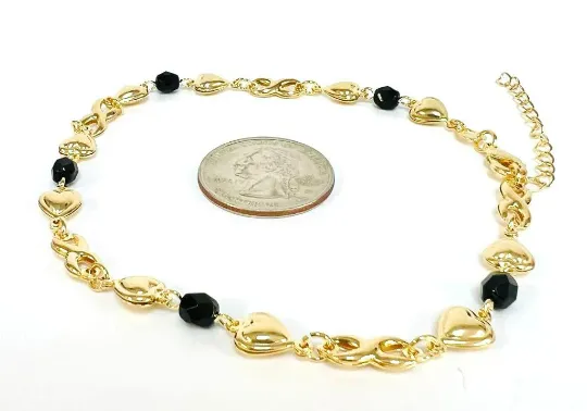 14K Yellow Gold Filled Heart Anklet Bracelet Black Stones 10"/Everyday Anklet Bracelet/Body Jewely/Womens Jewelry/Pulsera de Pie para Mujer