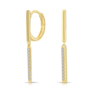 14K Yellow Gold Pave CZ Bar Dangle Drop Earrings, Huggies Hoops, 1 Inch Tall