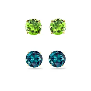 14k Yellow Gold Plated 3Ct Created Peridot and Alexandrite 2 Pair Round Stud Earrings