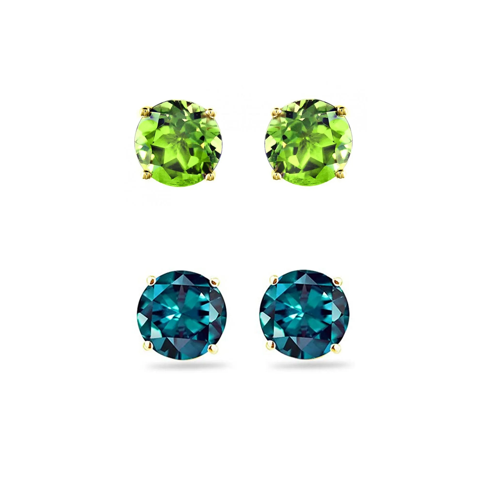 14k Yellow Gold Plated 3Ct Created Peridot and Alexandrite 2 Pair Round Stud Earrings