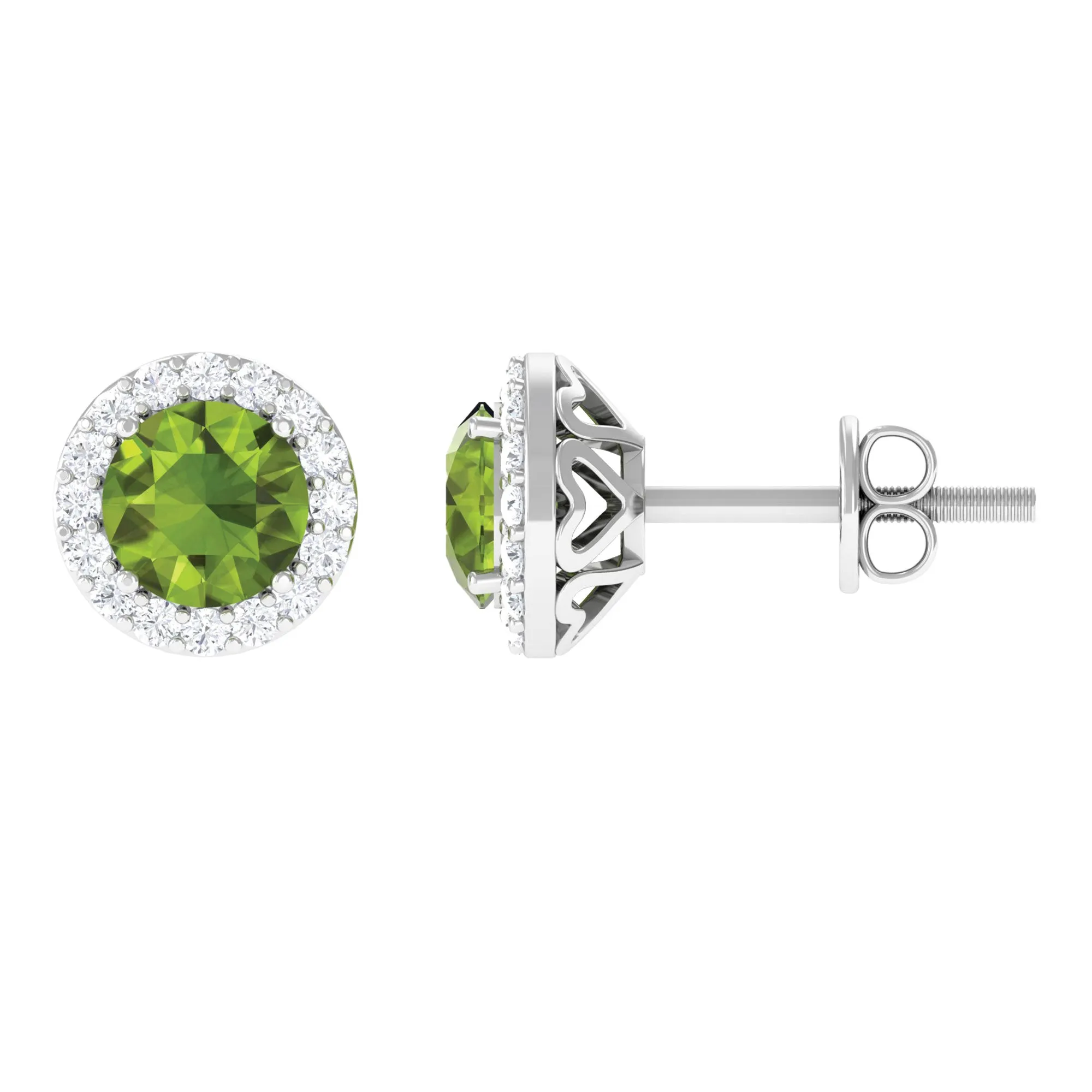 1.50 CT Round Peridot and Diamond Halo Stud Earrings