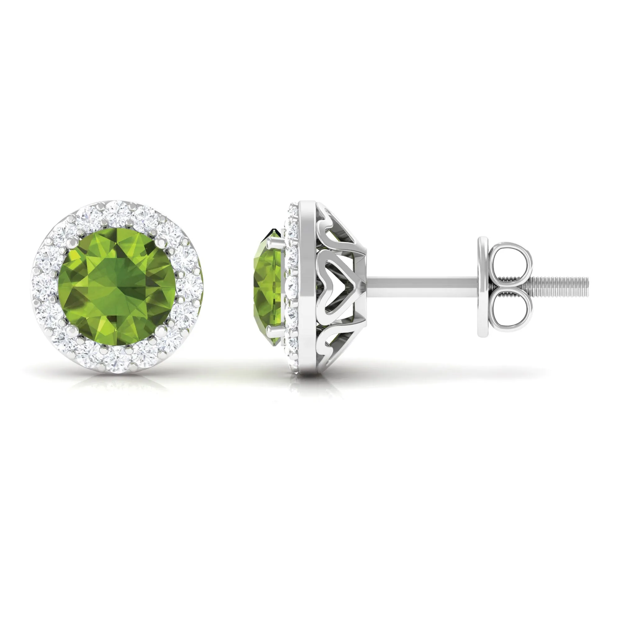 1.50 CT Round Peridot and Diamond Halo Stud Earrings