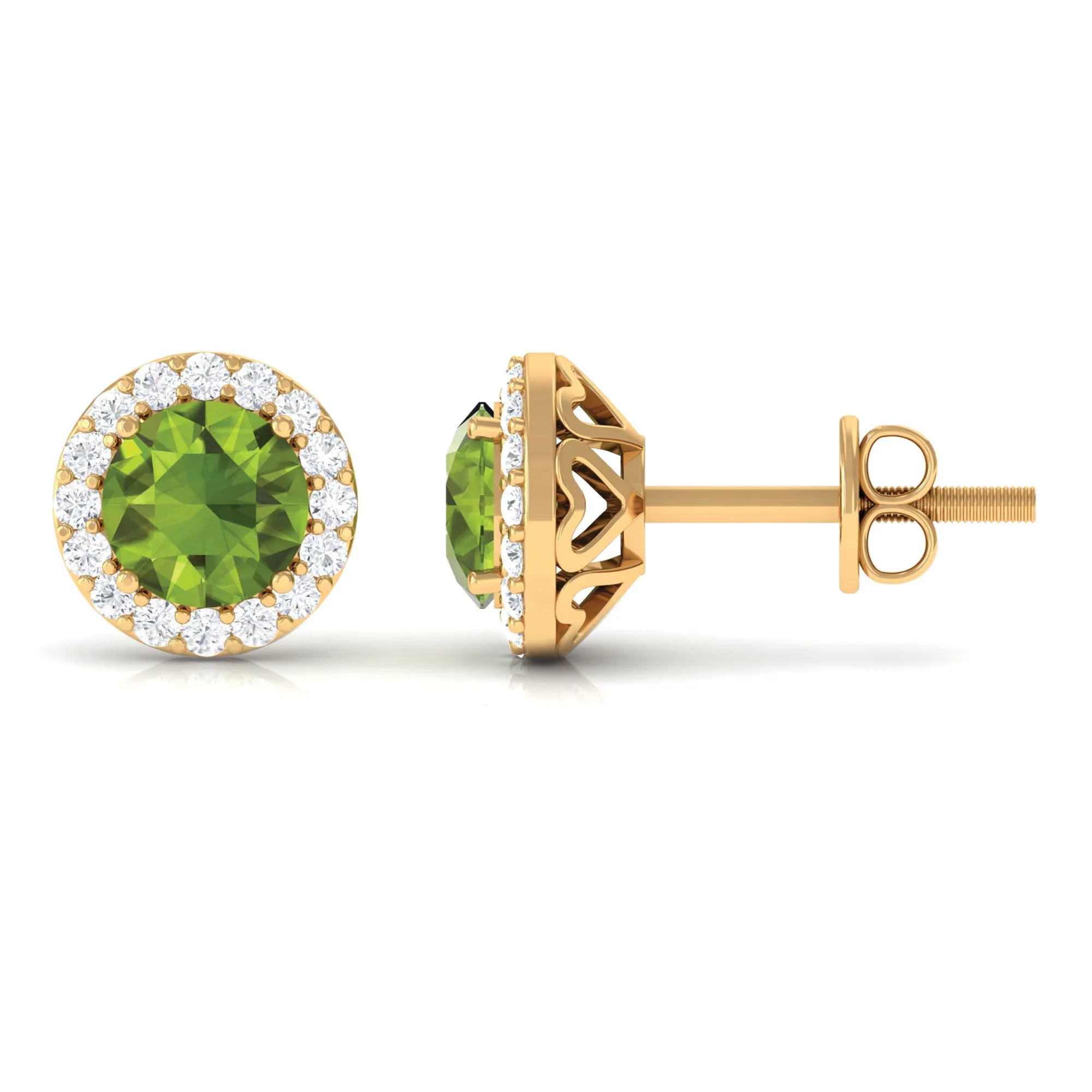 1.50 CT Round Peridot and Diamond Halo Stud Earrings