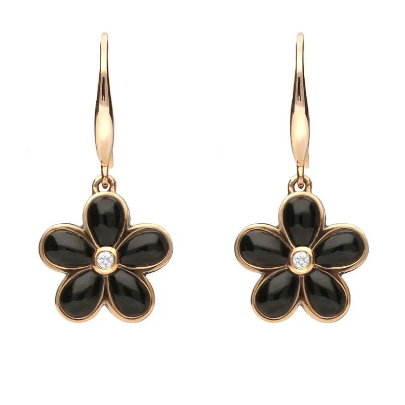 18ct Rose Gold Whitby Jet Diamond Flower Drop Earrings