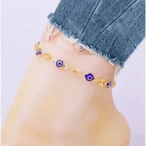 18K Gold Mariner Blue Evil Eye Crystal Anklet