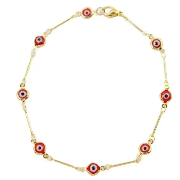 18K Gold Plated Bar Style Red Evil Eye Crystal Anklet