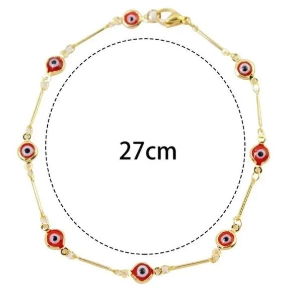 18K Gold Plated Bar Style Red Evil Eye Crystal Anklet