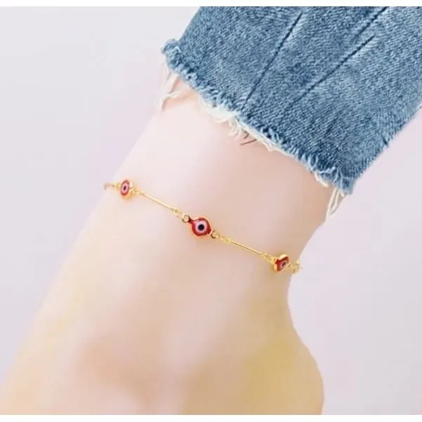 18K Gold Plated Bar Style Red Evil Eye Crystal Anklet