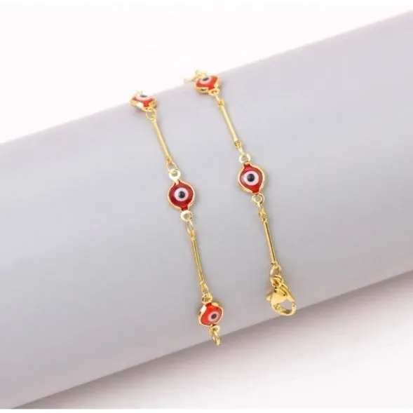 18K Gold Plated Bar Style Red Evil Eye Crystal Anklet