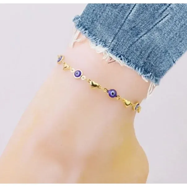 18K Gold Plated Heart Blue Evil Eye Anklet