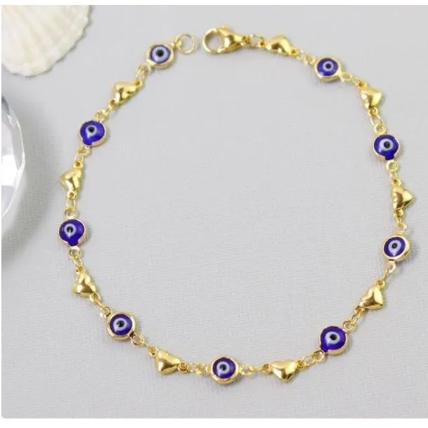 18K Gold Plated Heart Blue Evil Eye Anklet