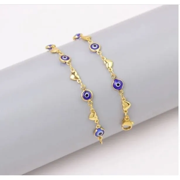 18K Gold Plated Heart Blue Evil Eye Anklet