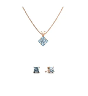 18K Rose Gold 1ct Aquamarine Square 18 Inch Necklace and Earrings Set Plated