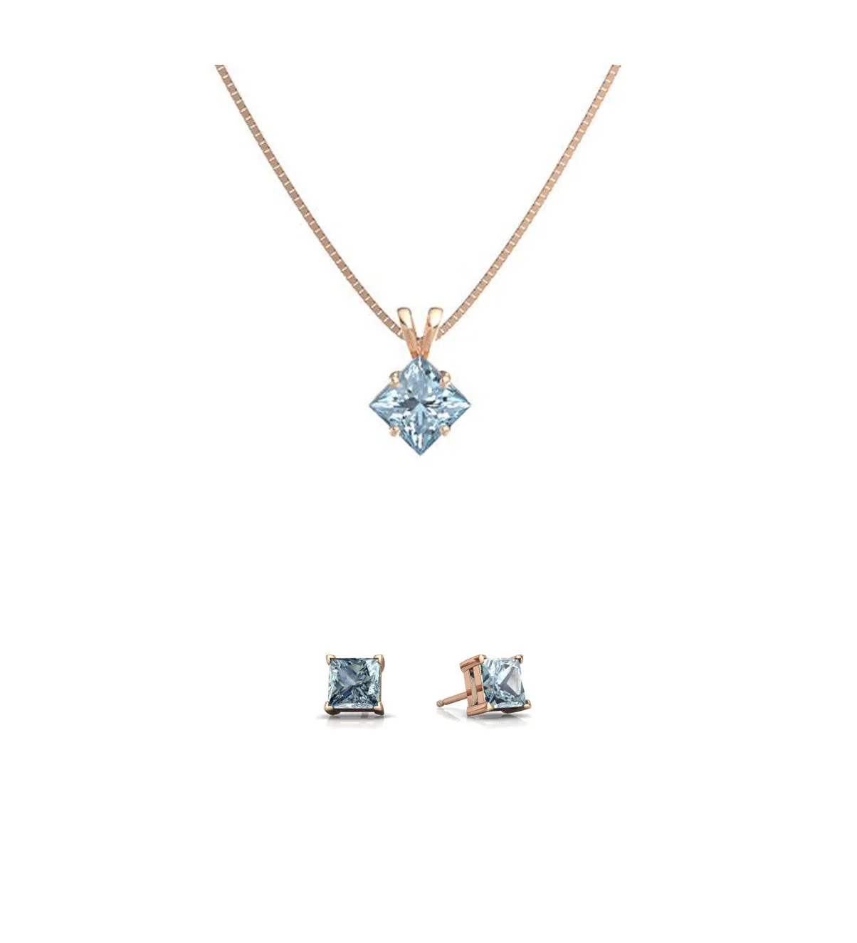 18K Rose Gold 1ct Aquamarine Square 18 Inch Necklace and Earrings Set Plated