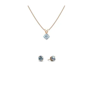 18K Rose Gold 2ct Aquamarine Square 18 Inch Necklace and Round Earrings Set Plated