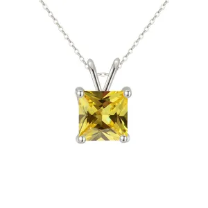 18K White Gold 2 Carat Created Citrine Princess Stud Necklace Plated 18 inch