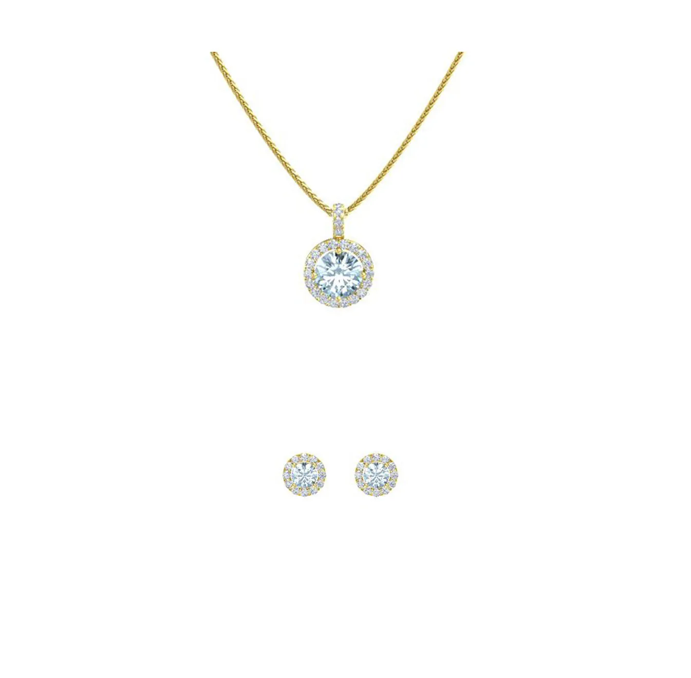 18K Yellow Gold 1ct  Halo Aquamarine Round 18 Inch Necklace and Halo Earrings Set Plated