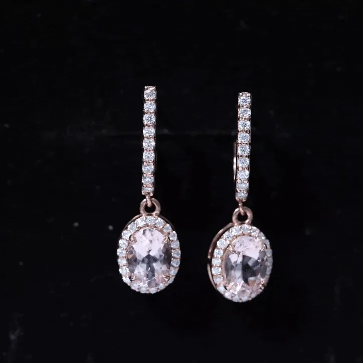 2 CT Oval Morganite and Diamond Hoop Drop Earrings