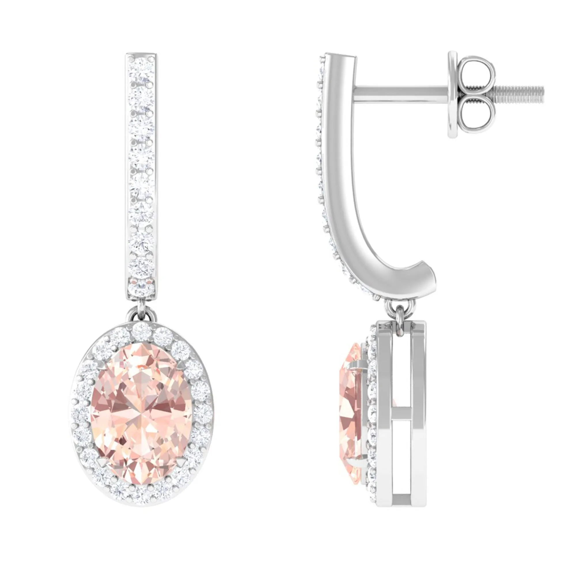 2 CT Oval Morganite and Diamond Hoop Drop Earrings