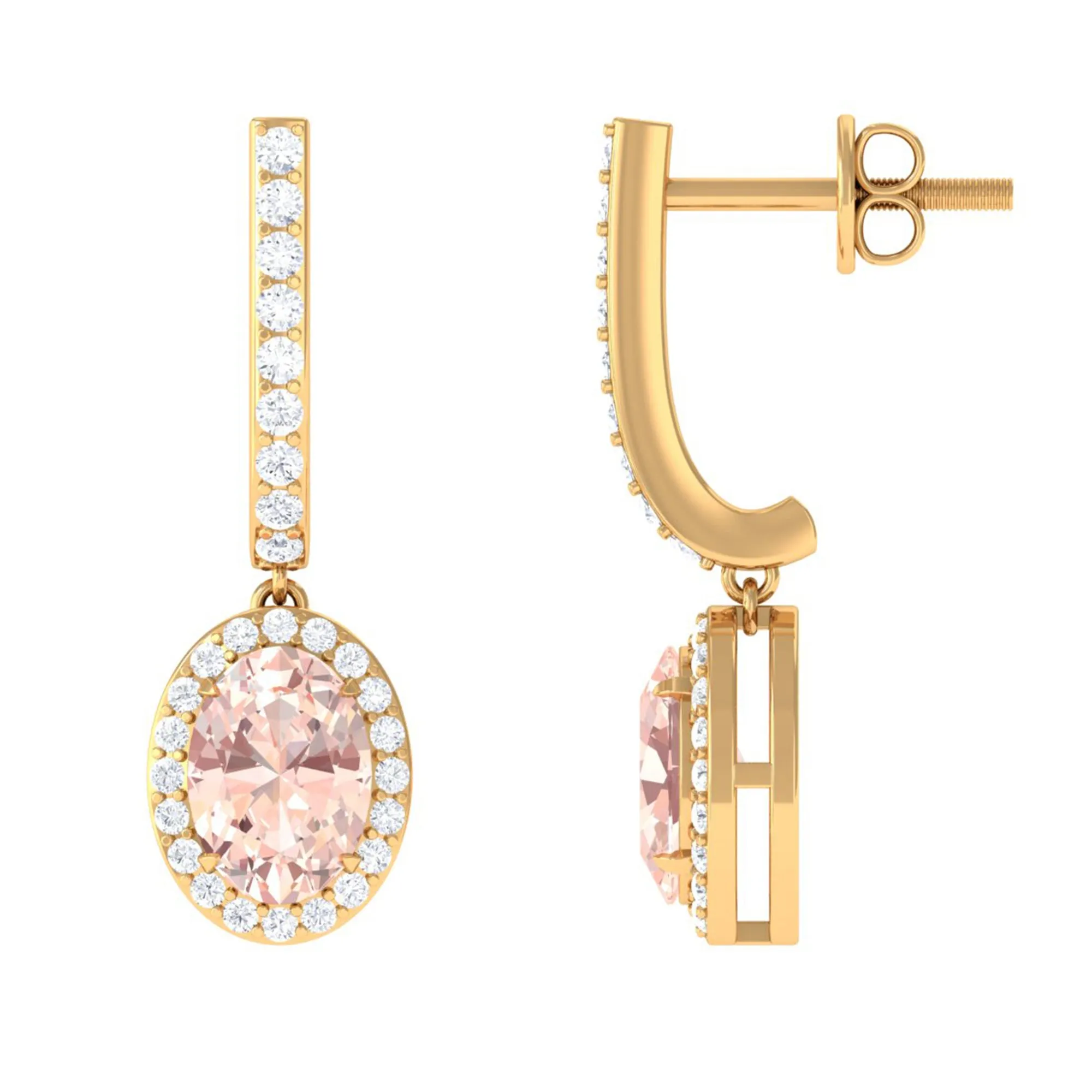 2 CT Oval Morganite and Diamond Hoop Drop Earrings