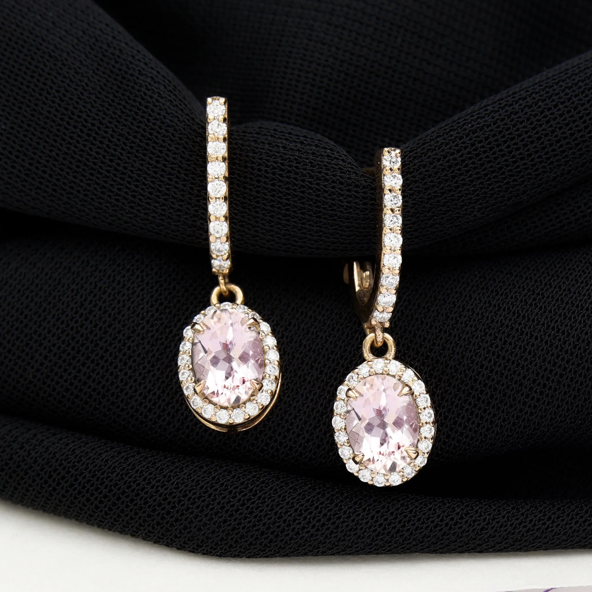 2 CT Oval Morganite and Diamond Hoop Drop Earrings