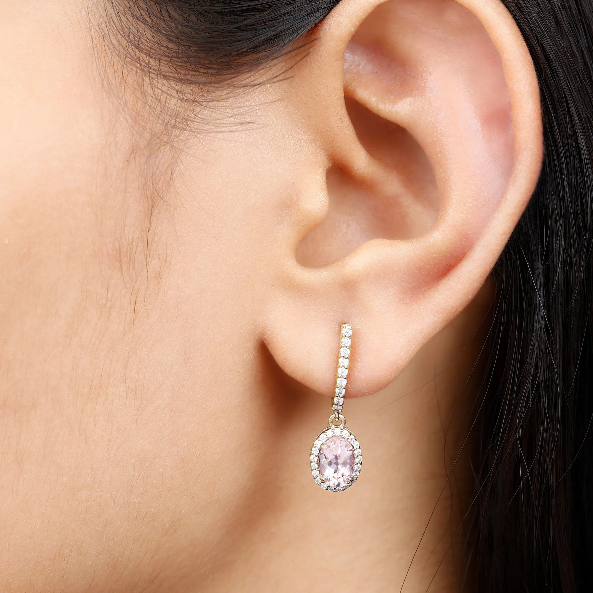 2 CT Oval Morganite and Diamond Hoop Drop Earrings