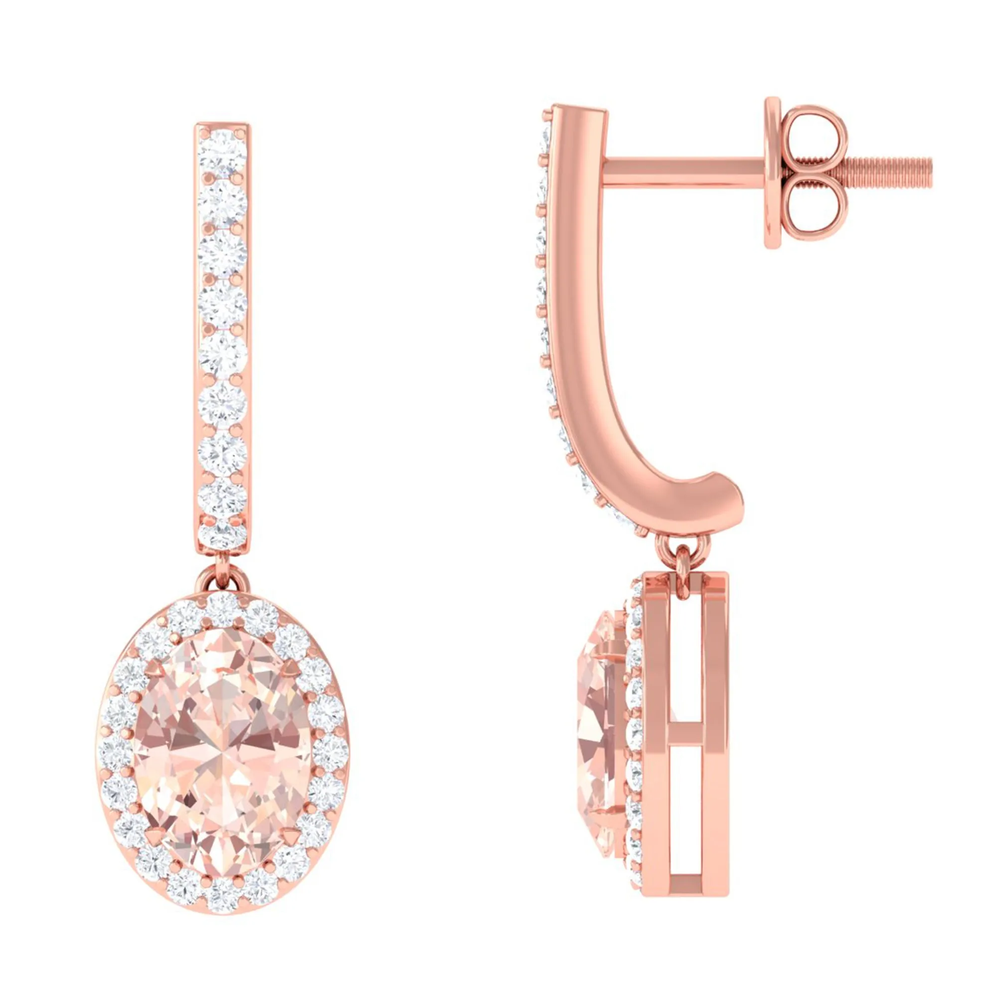 2 CT Oval Morganite and Diamond Hoop Drop Earrings