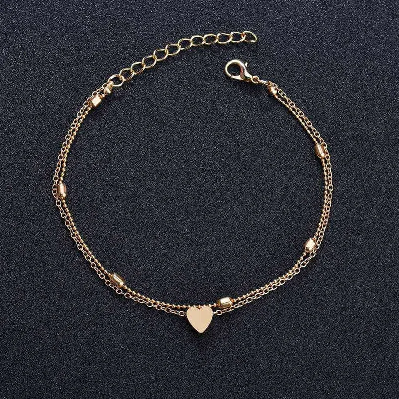 2 Pcs Layered Heart Anklet -  Gift for Girlfriend Sister Mother Daughter Her - Dainty Anklet - Ankle Bracelet - Beach Wedding Boho Summer