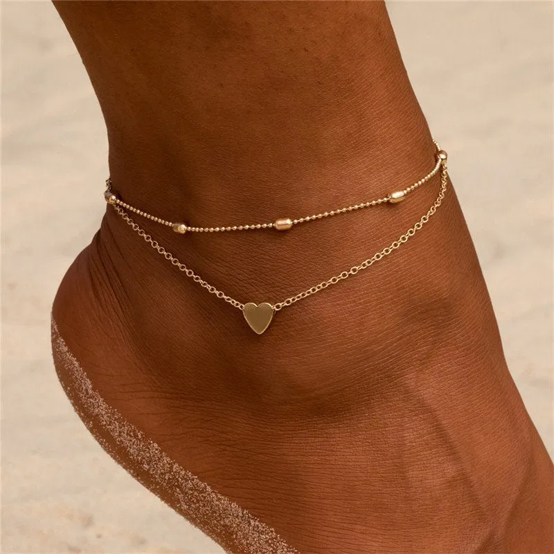 2 Pcs Layered Heart Anklet -  Gift for Girlfriend Sister Mother Daughter Her - Dainty Anklet - Ankle Bracelet - Beach Wedding Boho Summer