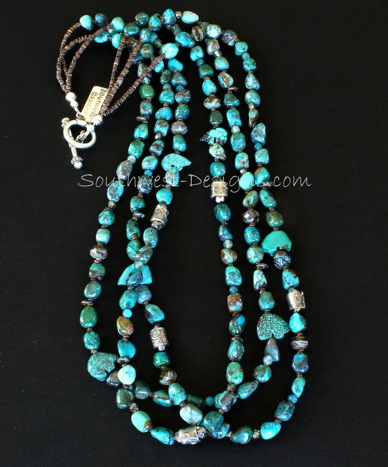 3-Strand Chrysocolla Nugget Necklace with MoltenMojo Cylinder Beads, Blue Apatite Rounds, Fire Polished & Czech Luster Glass, Turquoise Bear Fetishes, Olive Shell Heishi and Sterling Silver