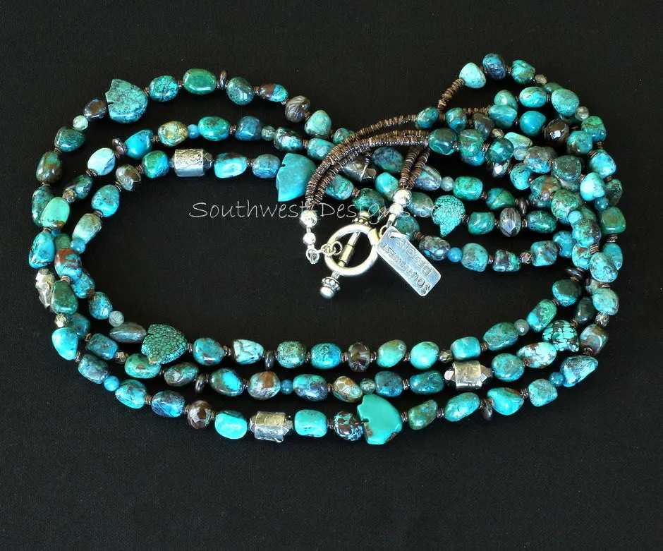 3-Strand Chrysocolla Nugget Necklace with MoltenMojo Cylinder Beads, Blue Apatite Rounds, Fire Polished & Czech Luster Glass, Turquoise Bear Fetishes, Olive Shell Heishi and Sterling Silver