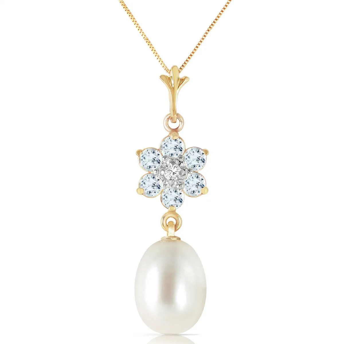 4.53 Carat 14K Solid Yellow Gold Necklace Natural Pearl, Aquamarine Diamond