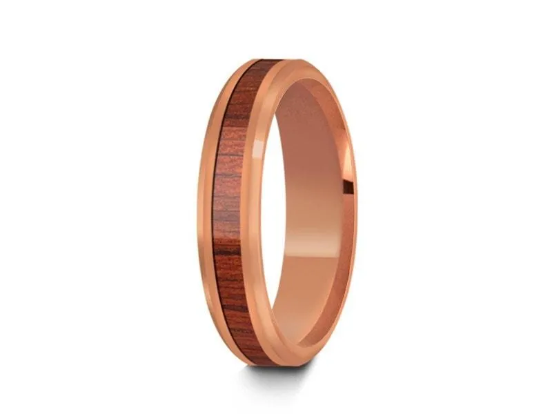 4MM HAWAIIAN Koa Wood Tungsten WEDDING  BAND BEVELED AND ROSE GOLD INTERIOR