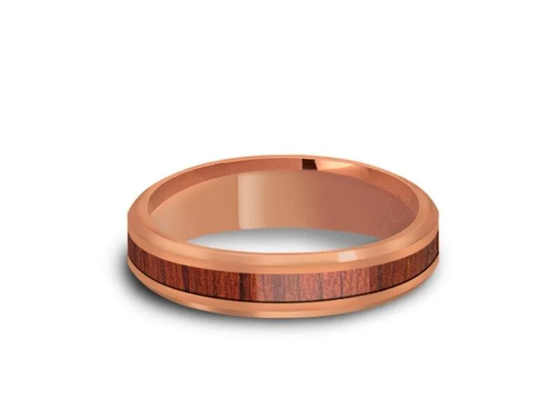 4MM HAWAIIAN Koa Wood Tungsten WEDDING  BAND BEVELED AND ROSE GOLD INTERIOR