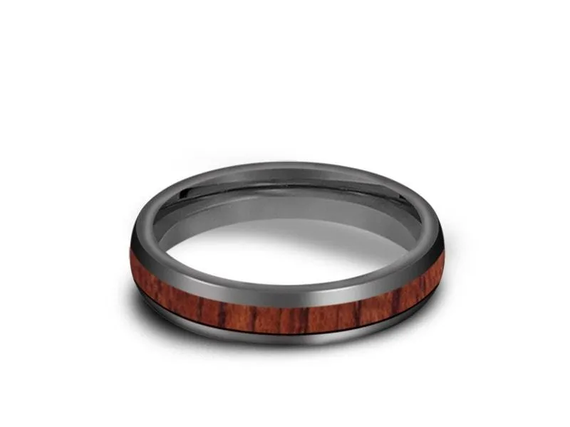 4MM HAWAIIAN Koa Wood Tungsten WEDDING BAND DOME AND GRAY INTERIOR