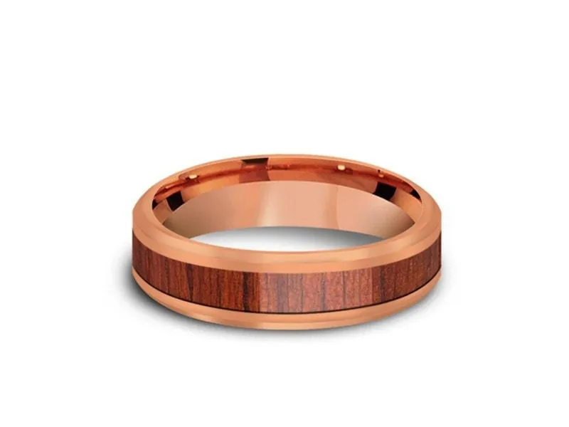 6MM HAWAIIAN Koa Wood Tungsten WEDDING BAND BEVELED AND ROSE GOLD INTERIOR