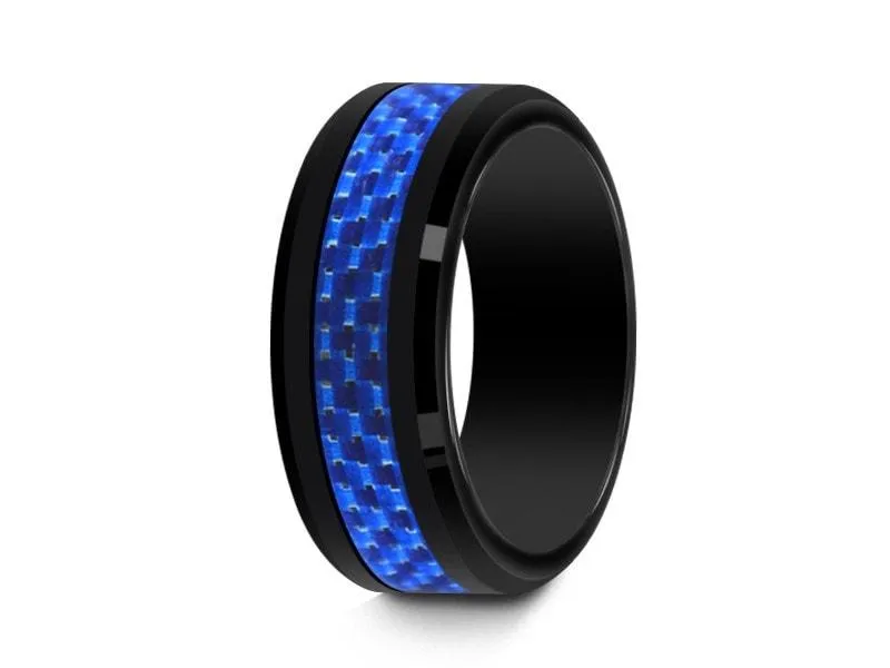 8MM BLACK CERAMIC WEDDING BAND BEVELED AND BLUE CARBON FIBER INLAY